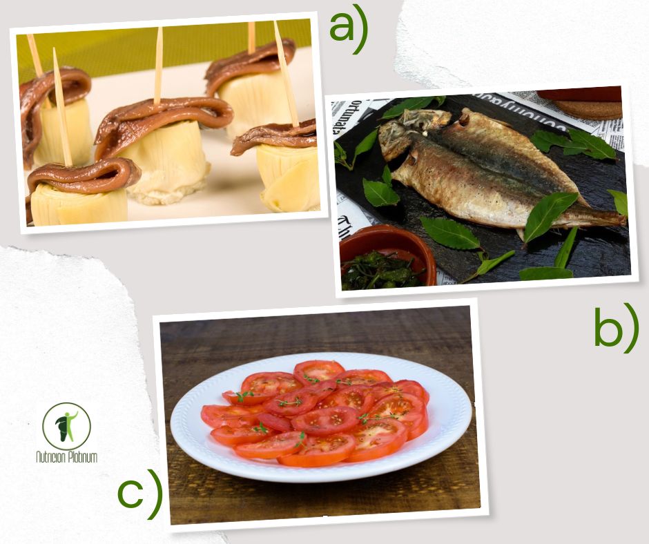 Alcachofas con anchos, jurel a la plancha y ensalada de tomate.